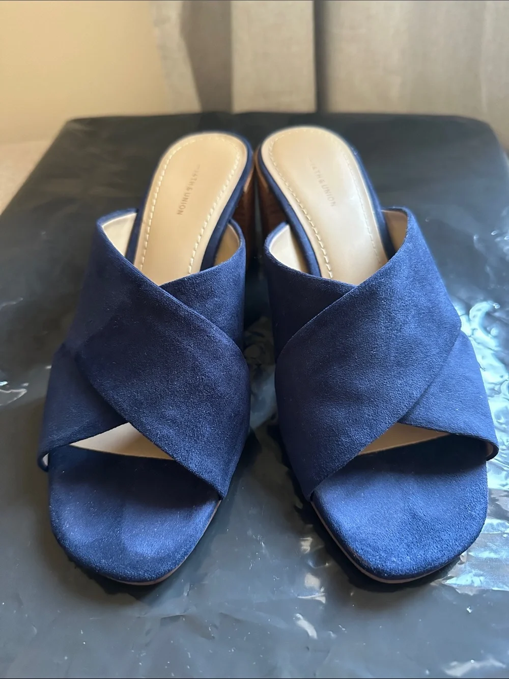 Blue suede block heel sandal